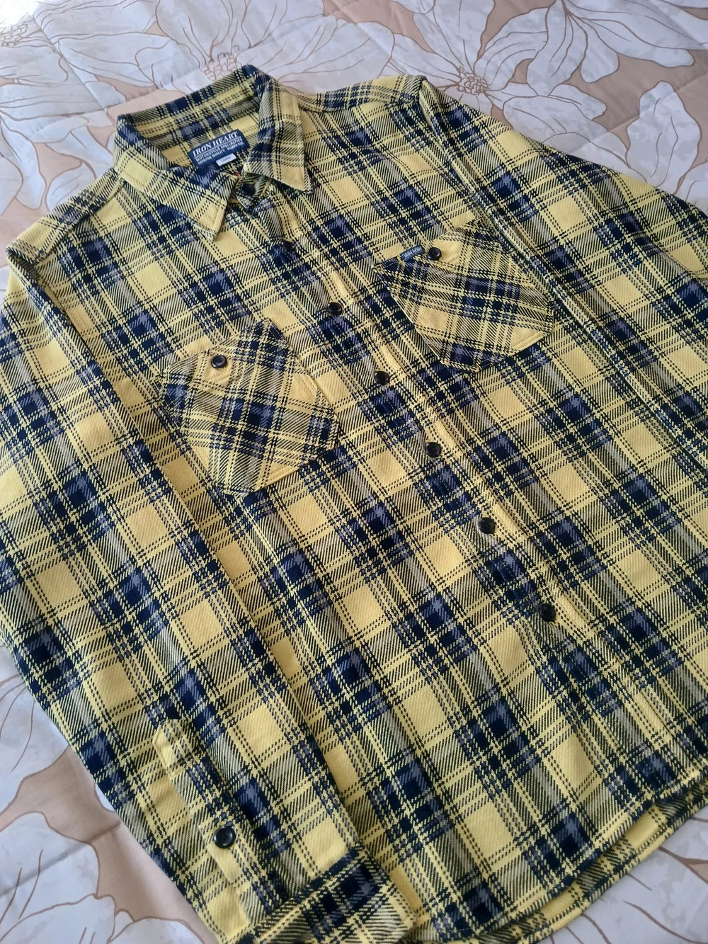 Iron Heart IHSH-412-YEL - 9oz Selvedge Indigo Check Flannel Work Shirt - Yellow - Picture 2 of 11